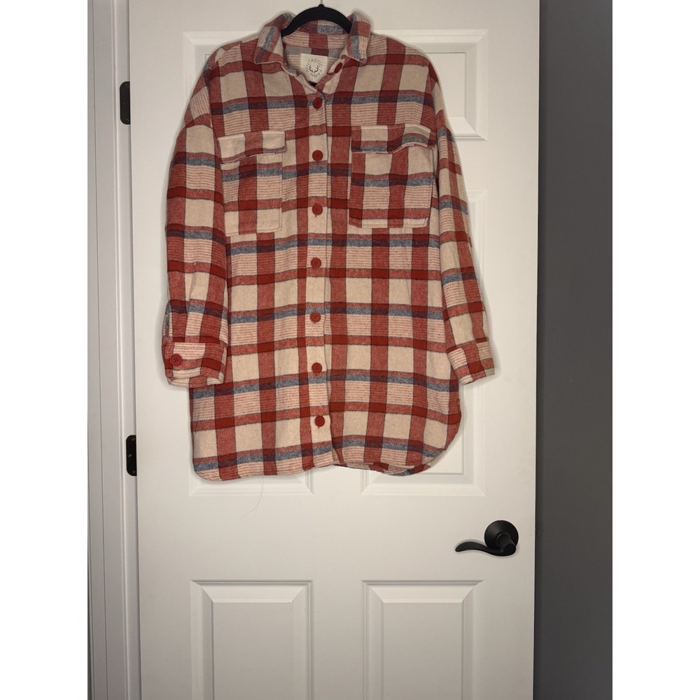 Fantastic Fawn Oversized Plaid Shacket Large Red Blue Peach Layered Jacket Coat